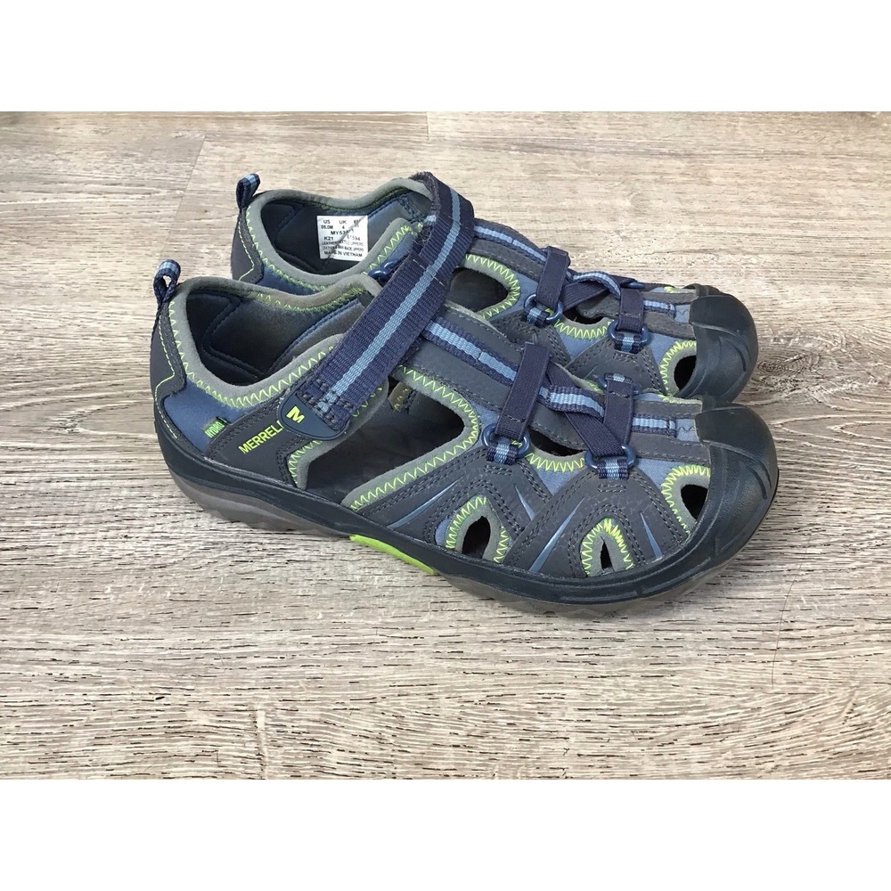 Merrell Youth Boys Hydro Sandals size 5 Navy Green waterproof slip On MY53375